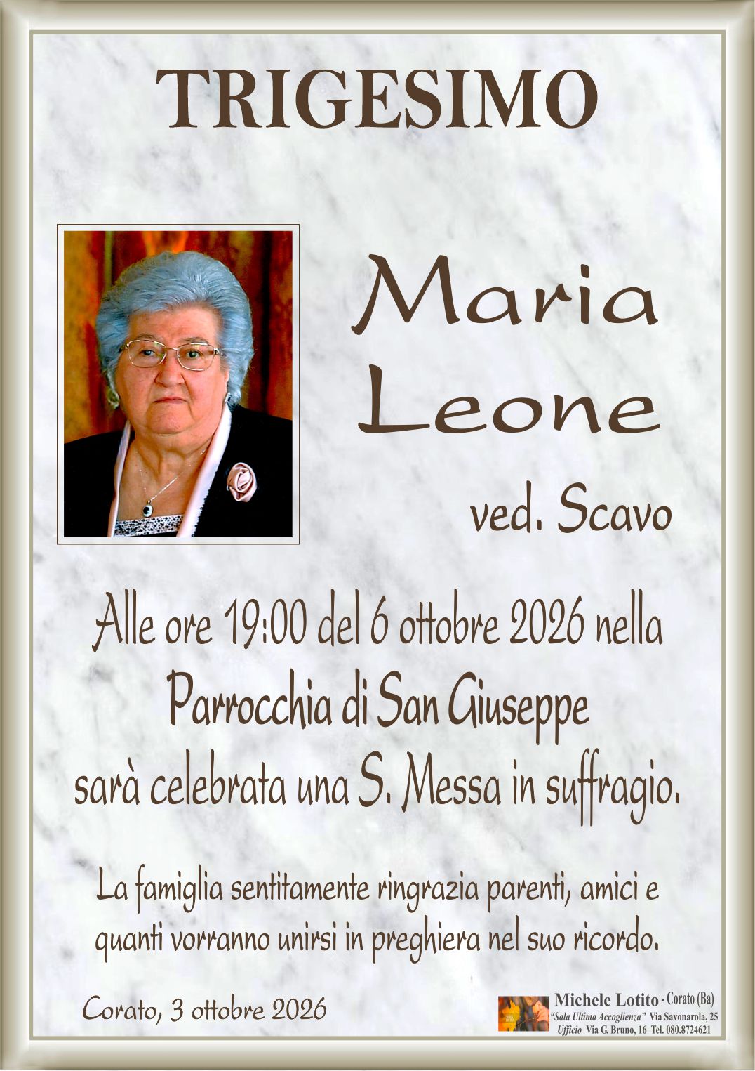 Trigesimo MARIA LEONE ved. Scavo