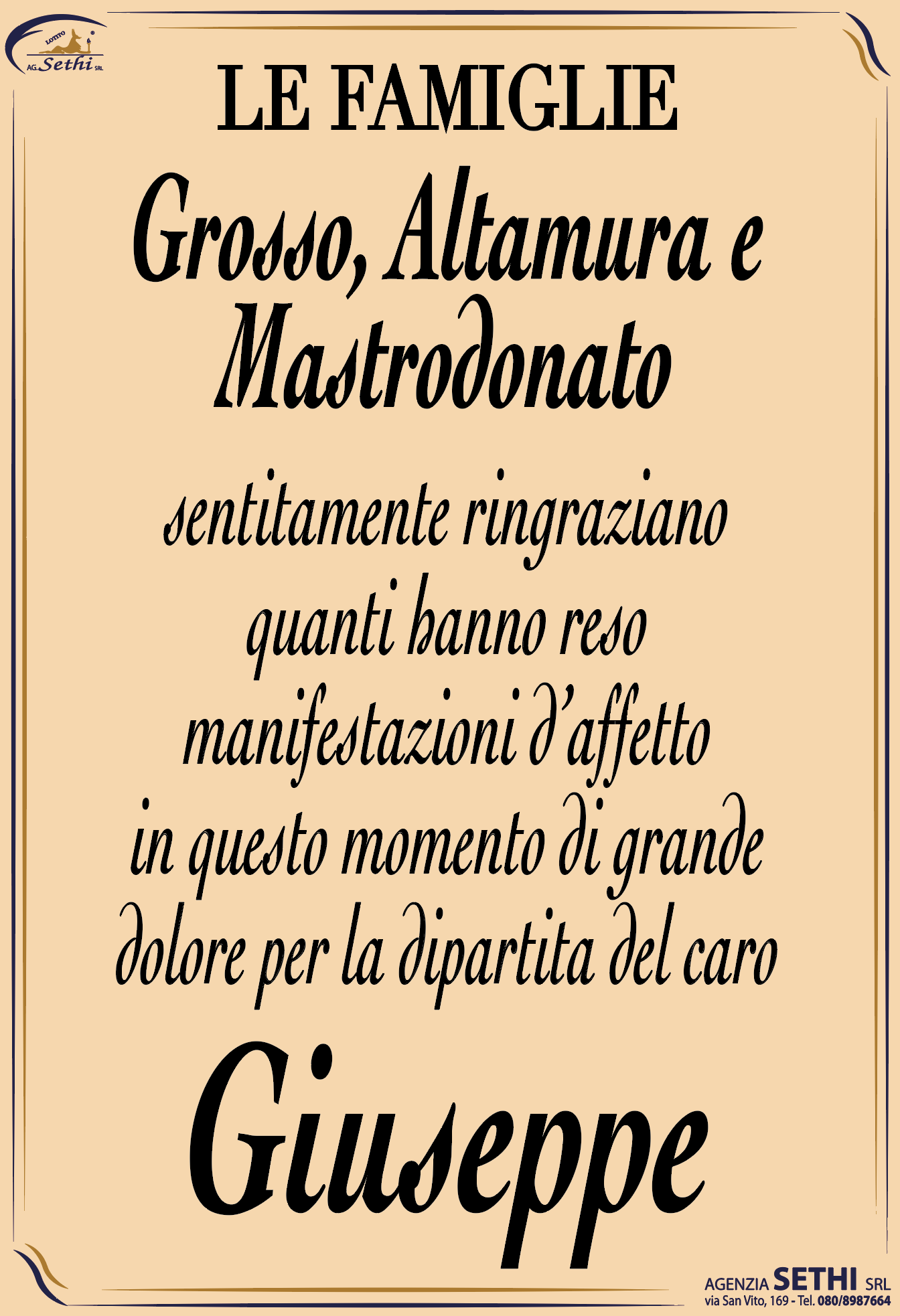 Ringraziamento Giuseppe Grosso fu Cataldo
