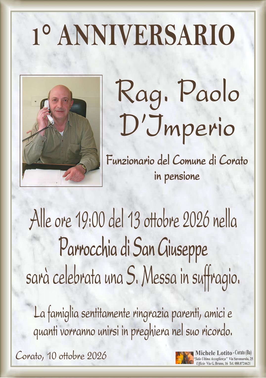 1° anniversario Rag. PAOLO D’IMPERIO (Funzionario del Comune di Corato in pensione)