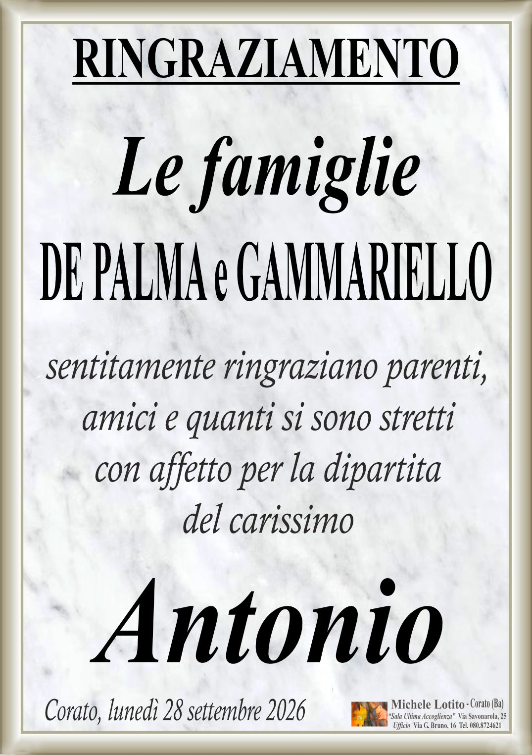 Ringraziamento ANTONIO DE PALMA