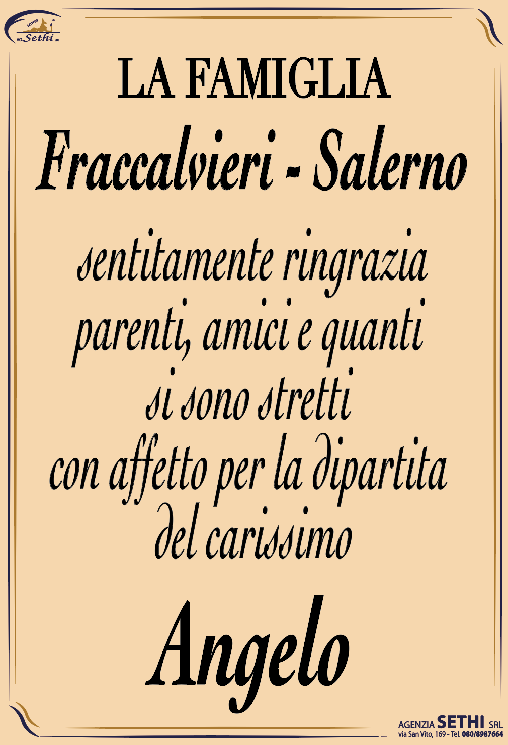 Ringraziamento Angelo Fraccalvieri fu Giuseppe (EX MARESCIALLO DELL'AERONAUTICA)