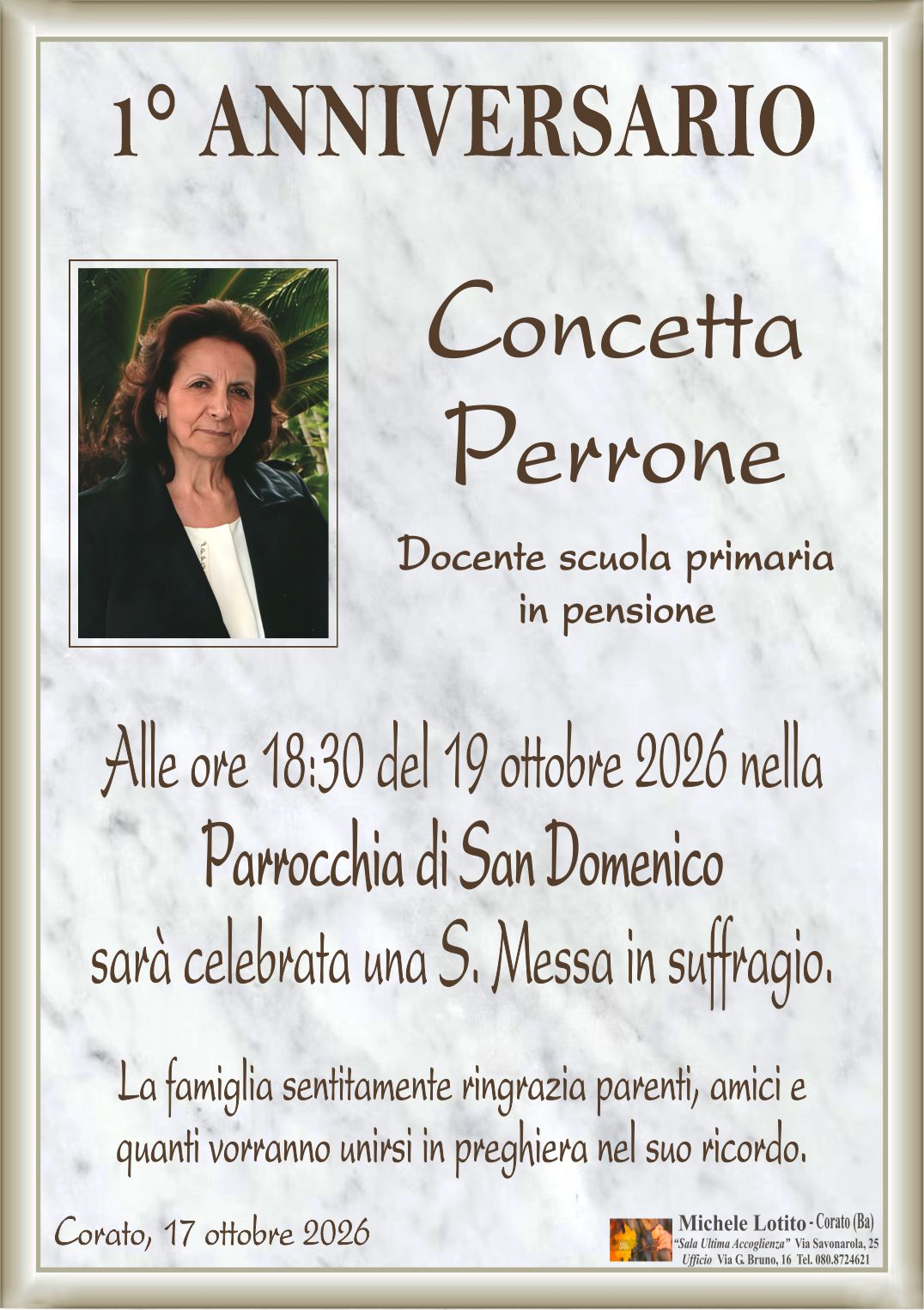 1° anniversario CONCETTA PERRONE (Docente scuola primaria in pensione)