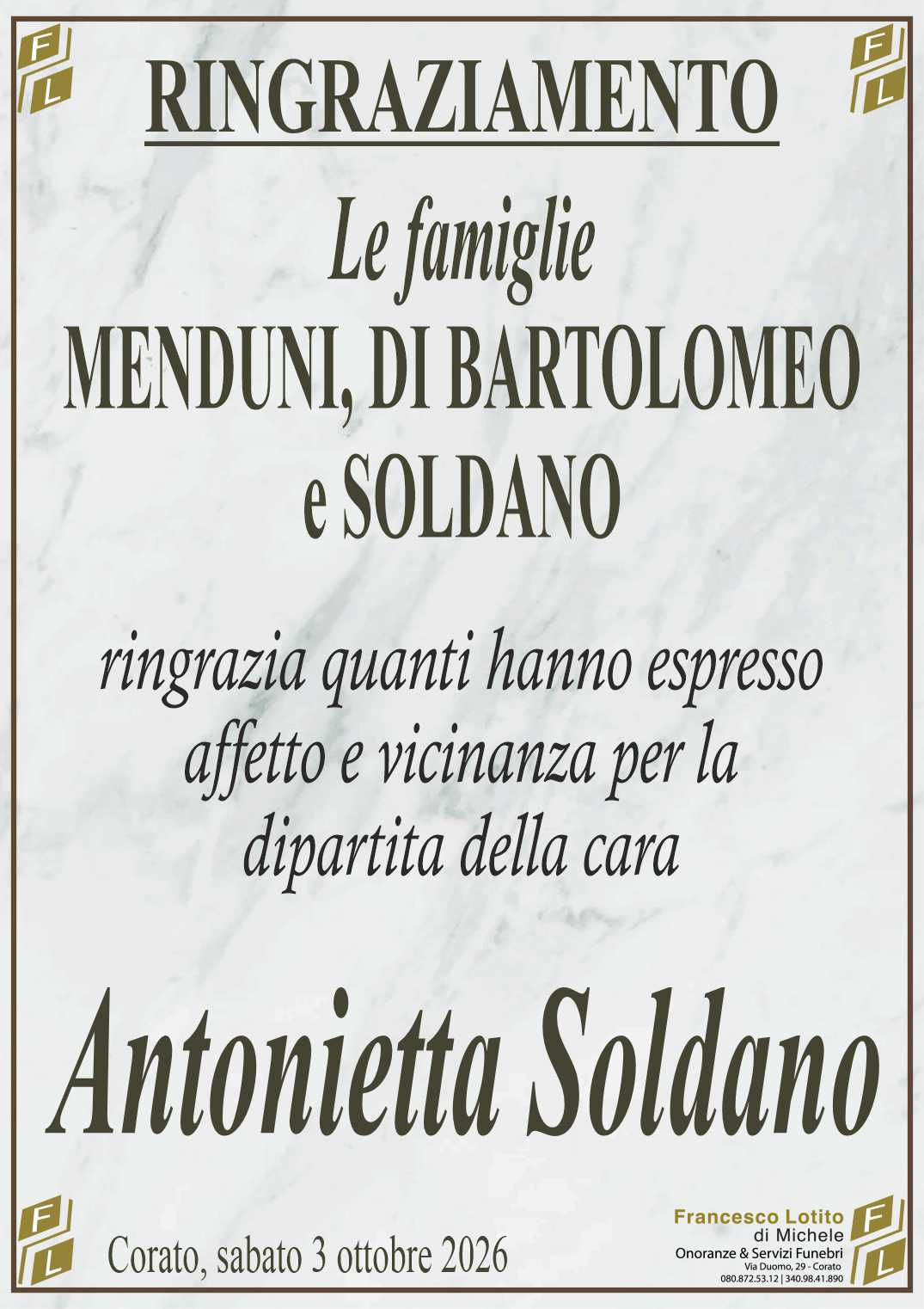 Ringraziamento Antonietta SOLDANO ved. MENDUNI