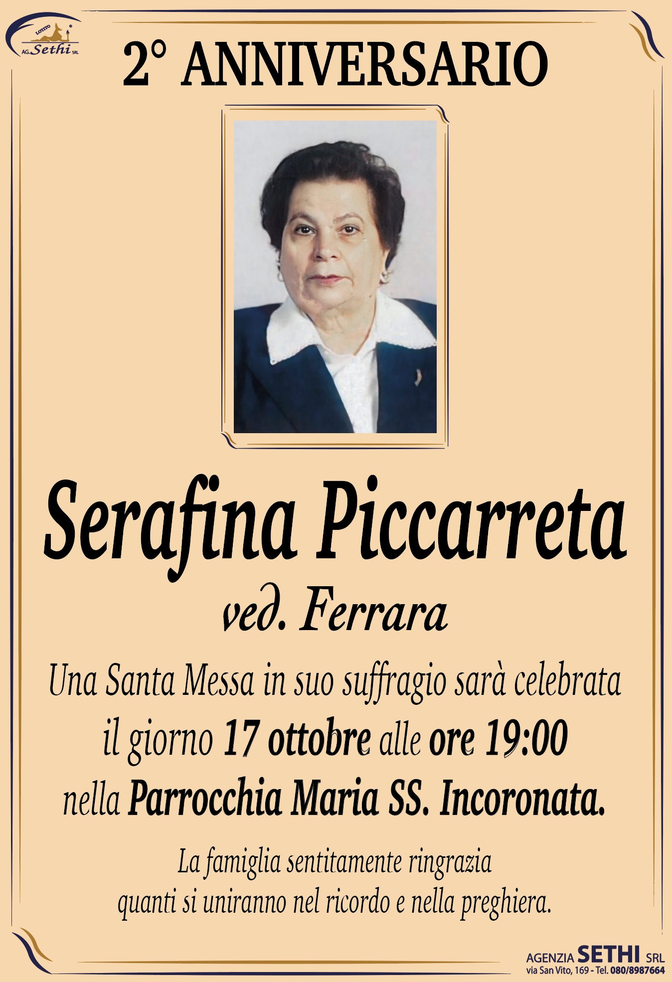 2° anniversario Serafina Piccarreta ved. Ferrara