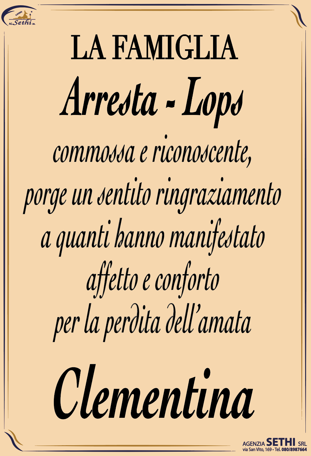 Ringraziamento Clementina Lops in Arresta