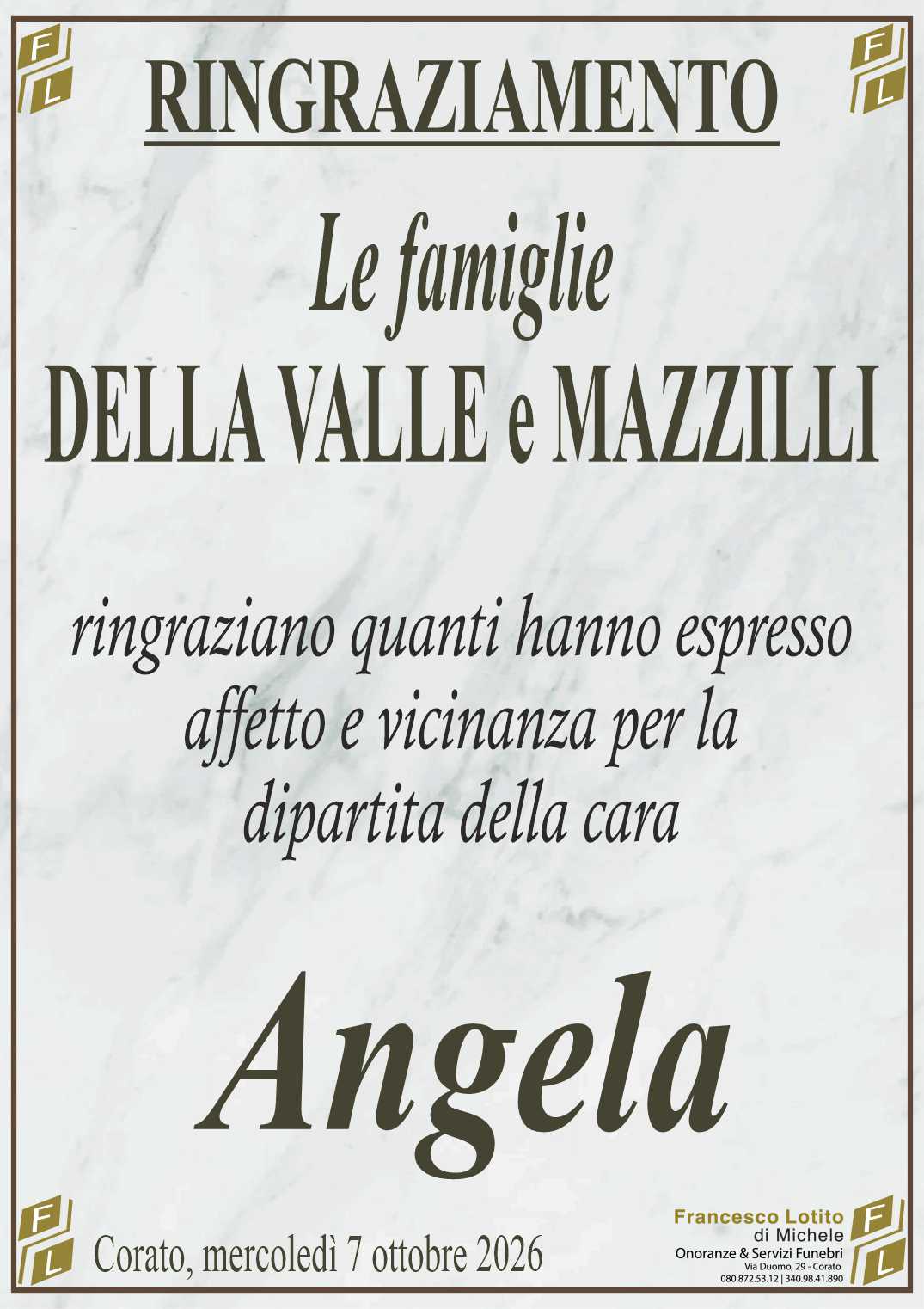 Ringraziamento Angela DELLA VALLE ved. MAZZILLI