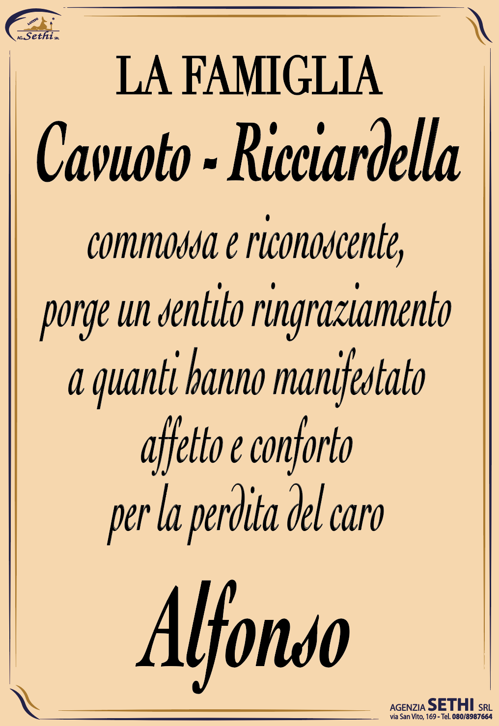 Ringraziamento Alfonso Cavuoto fu Michele