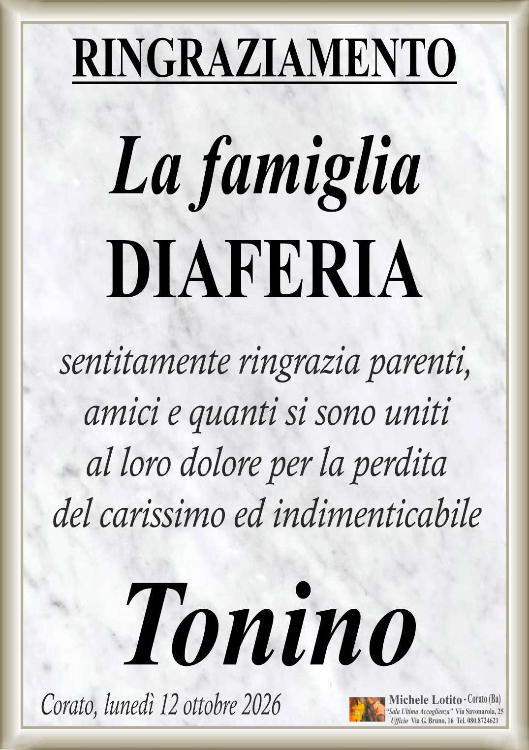 Ringraziamento TONINO DIAFERIA (Tipografo)