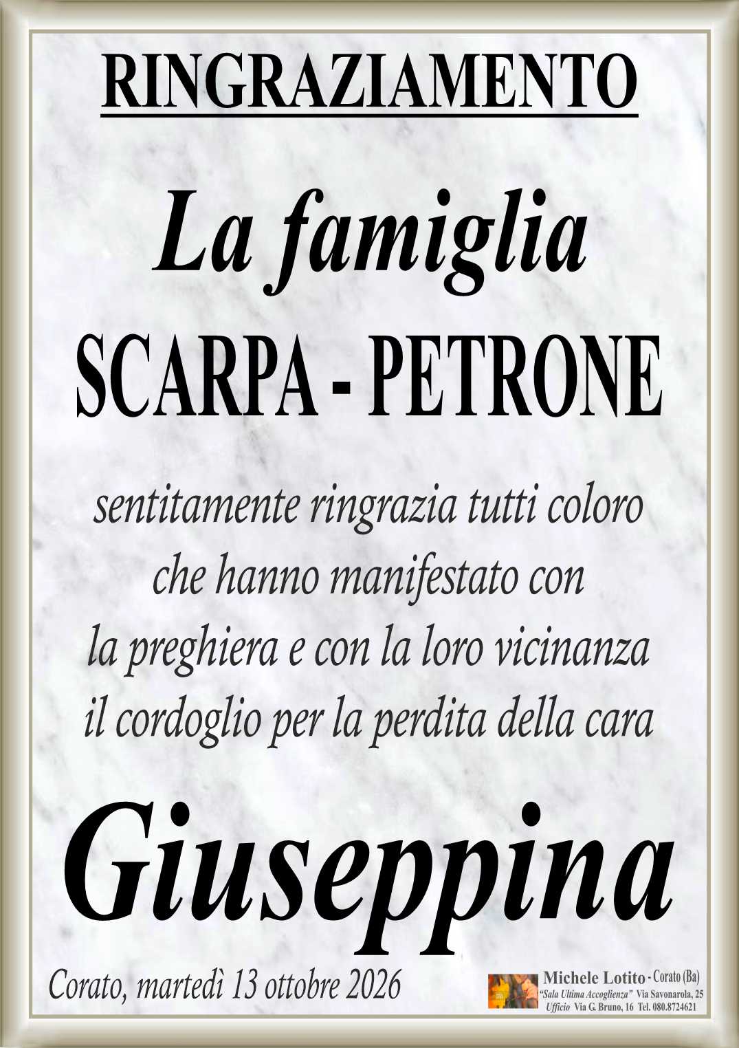 Ringraziamento GIUSEPPINA PETRONE ved. Scarpa