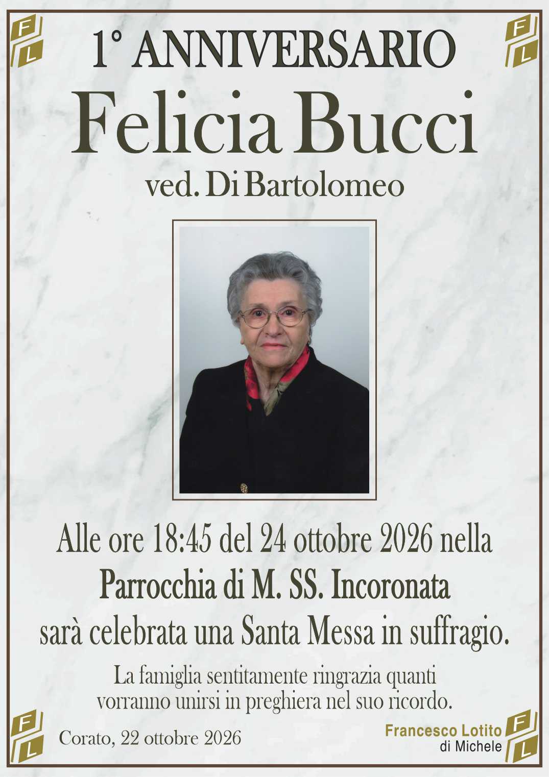 1° anniversario Felicia BUCCI ved. DI BARTOLOMEO