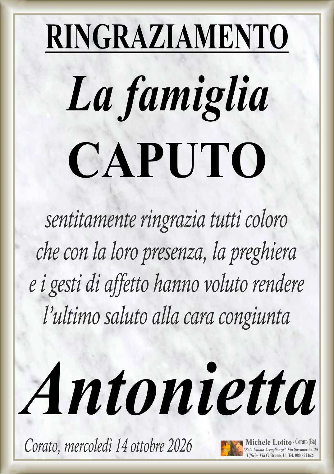 Ringraziamento ANTONIETTA GRIECO ved. Caputo