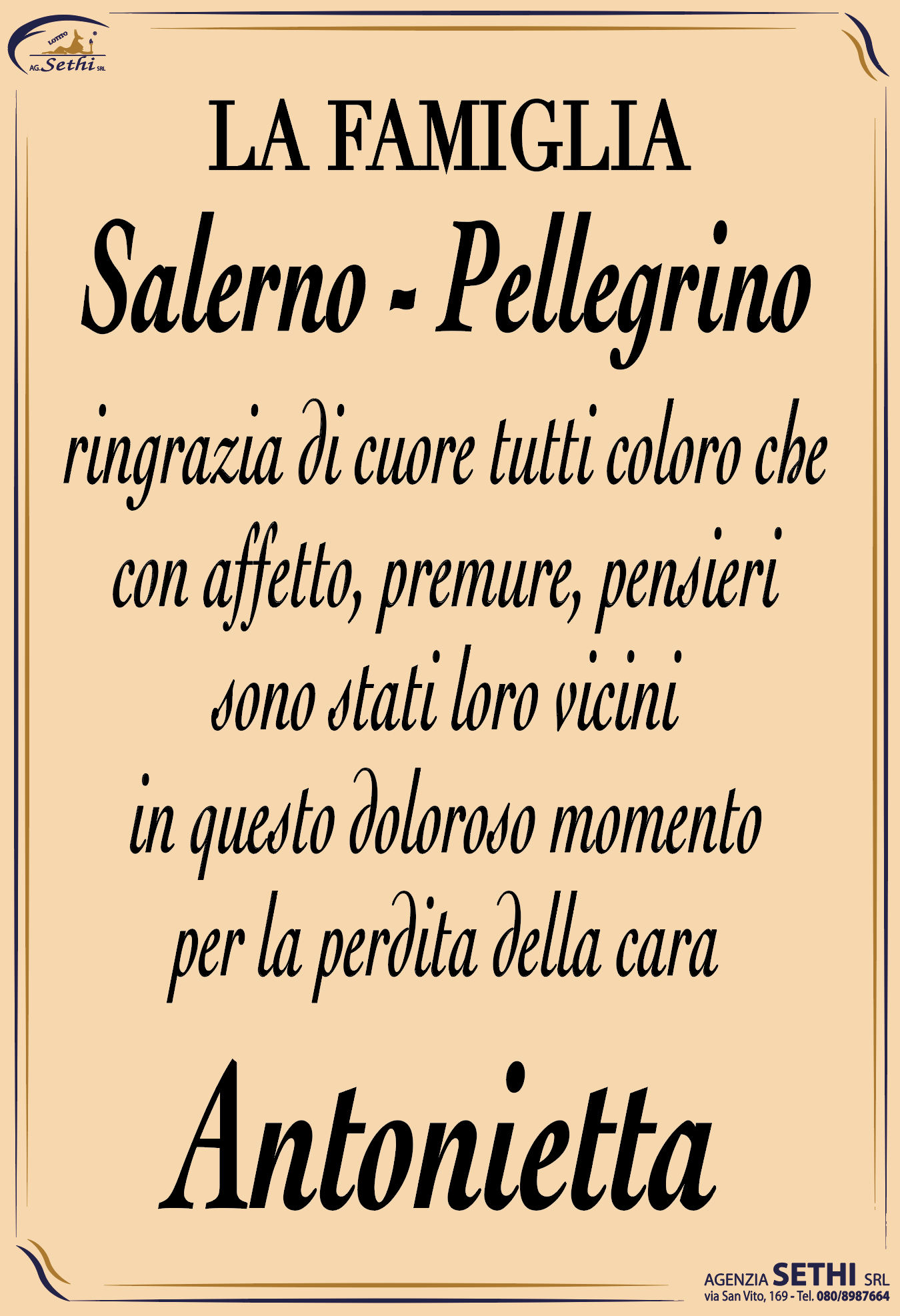 Ringraziamento Antonietta Pellegrino ved. Salerno