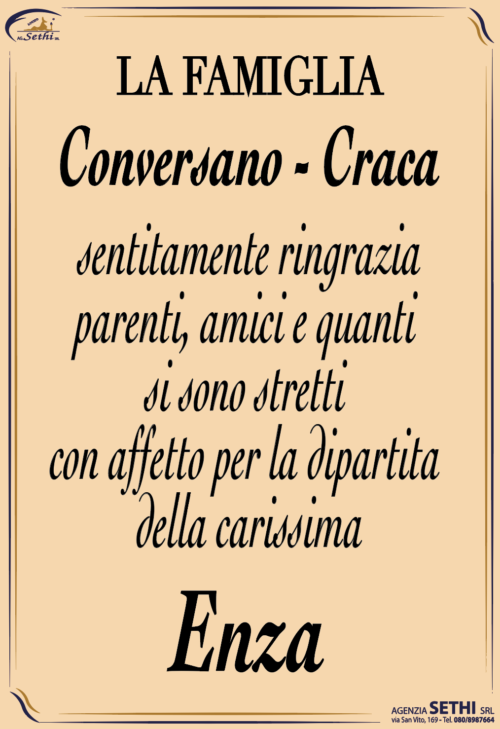 Ringraziamento Enza Craca ved. Conversano