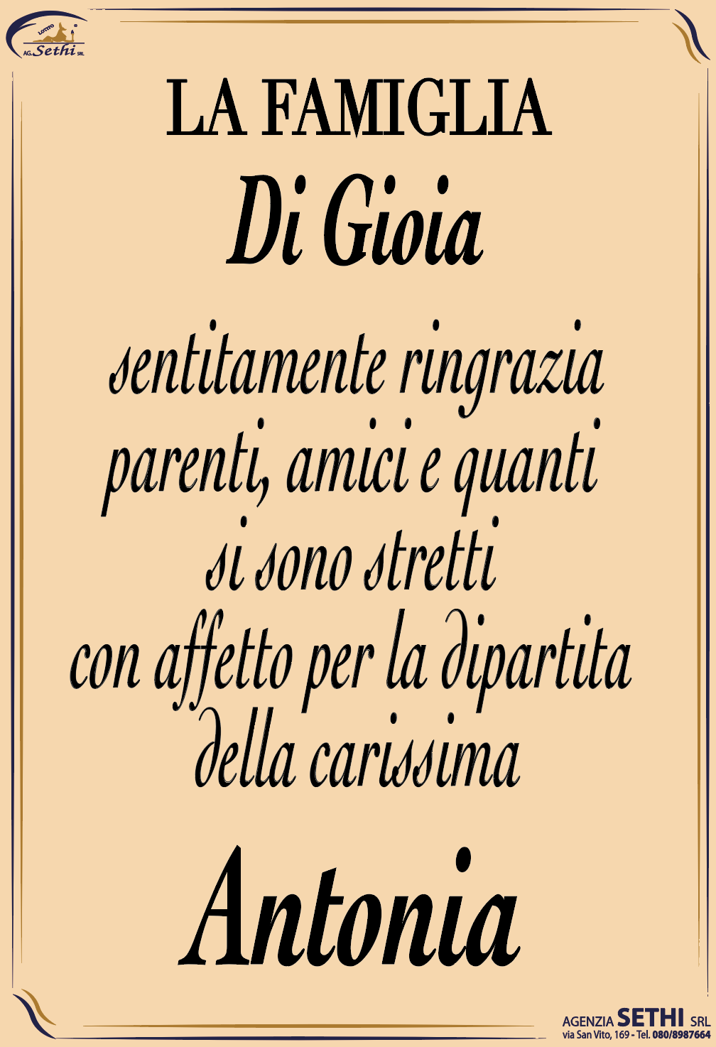 Ringraziamento Antonia Ardito ved. Di Gioia