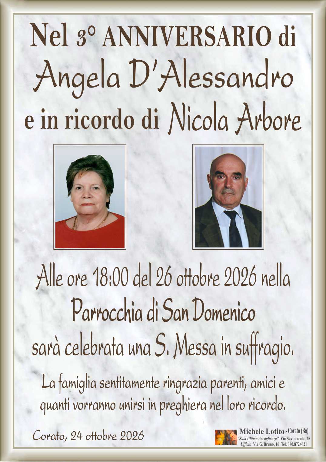 3° anniversario ANGELA D’ALESSANDRO ved. Arbore