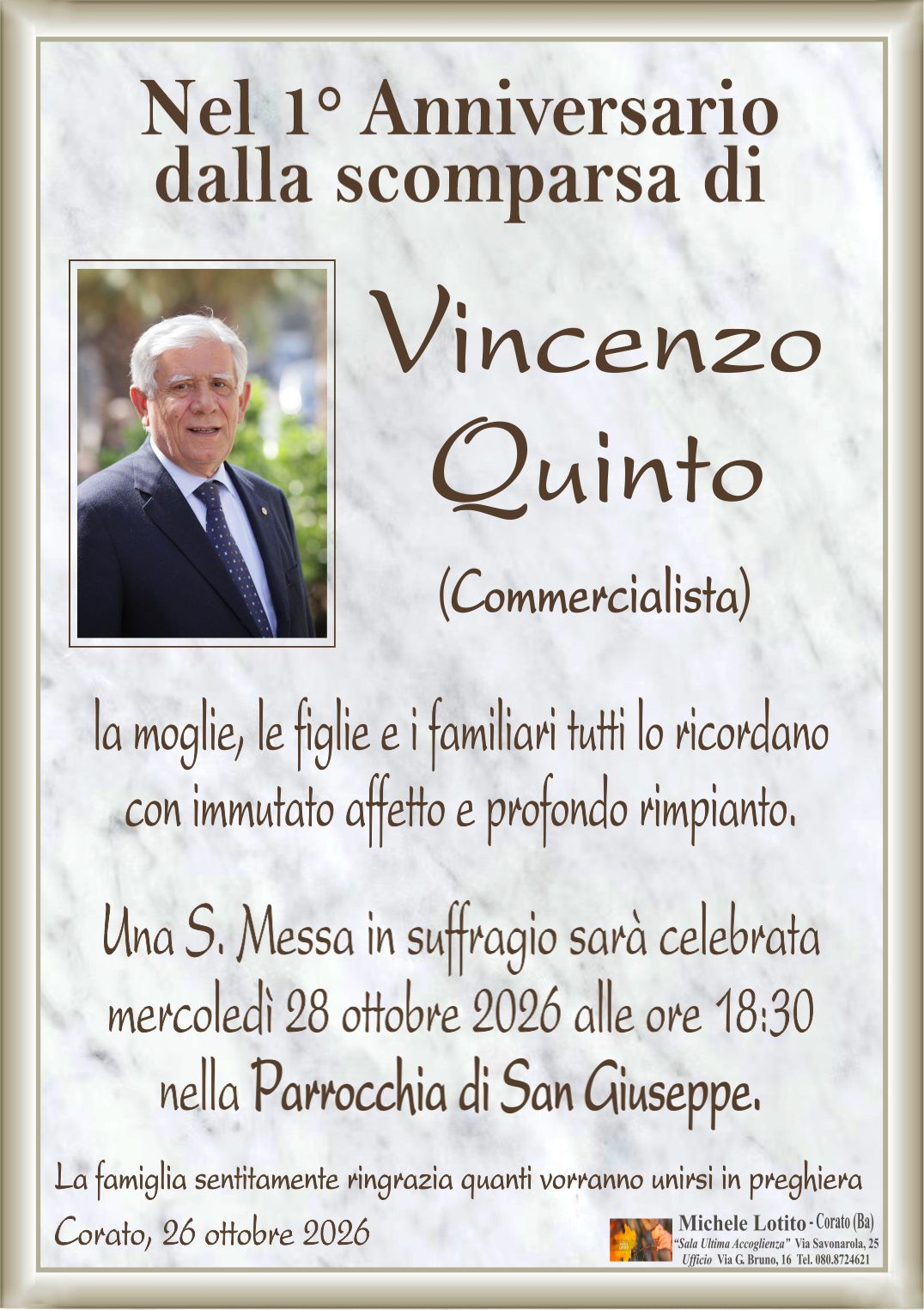 1° anniversario Dott. VINCENZO QUINTO (Commercialista)