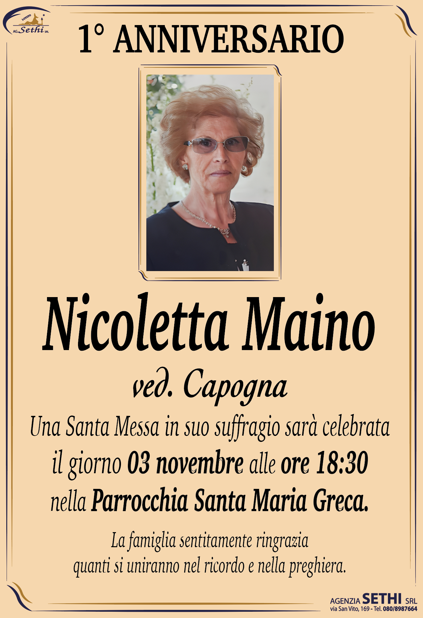 1° anniversario Nicoletta Maino ved. Capogna