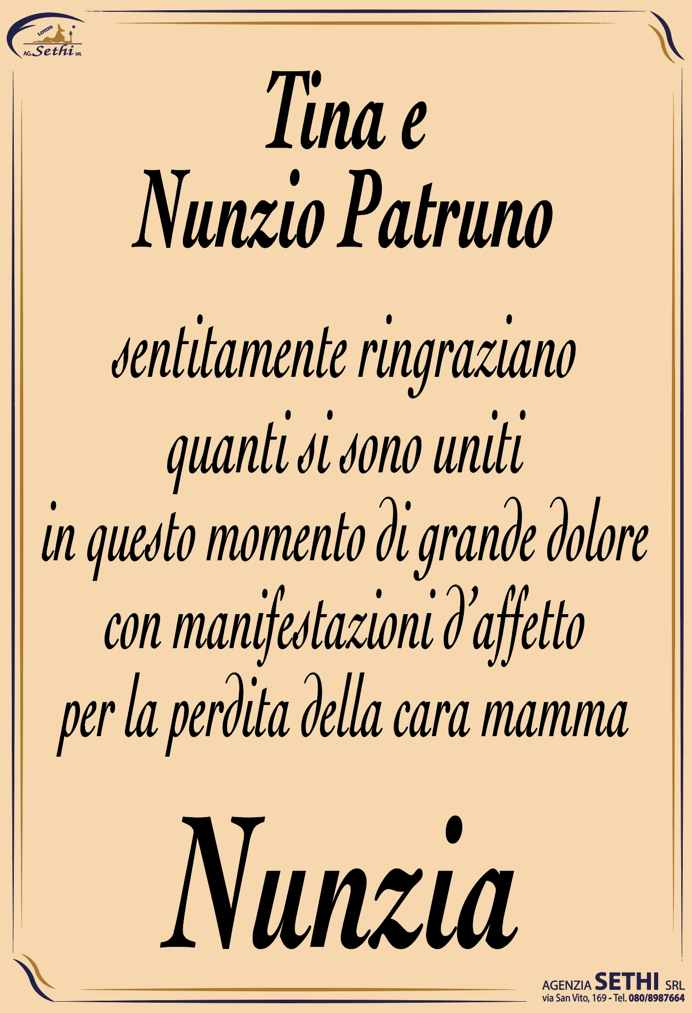 Ringraziamento Nunzia Musto ved. Patruno