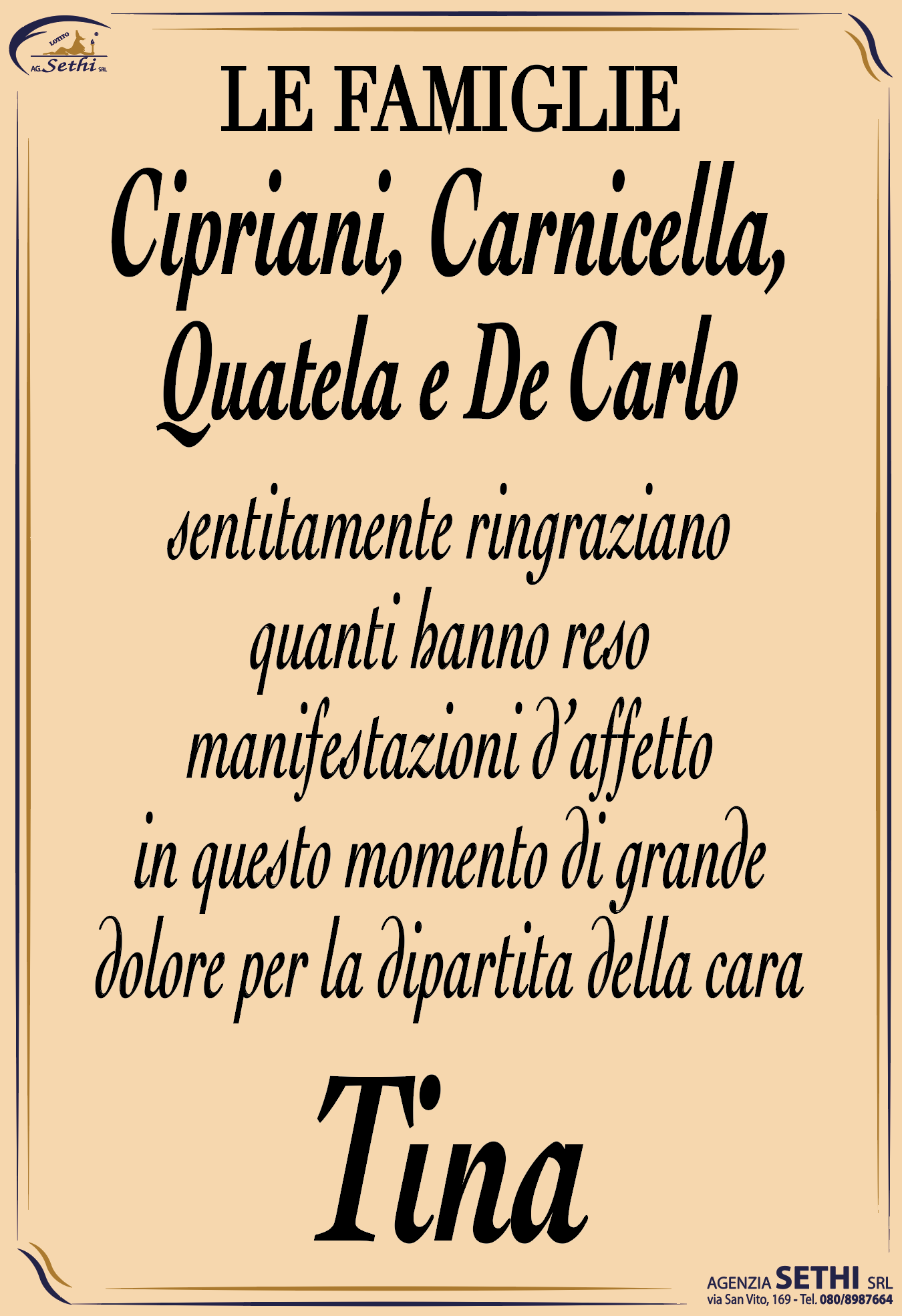 Ringraziamento Tina Carnicella (Nancy) ved. Cipriani