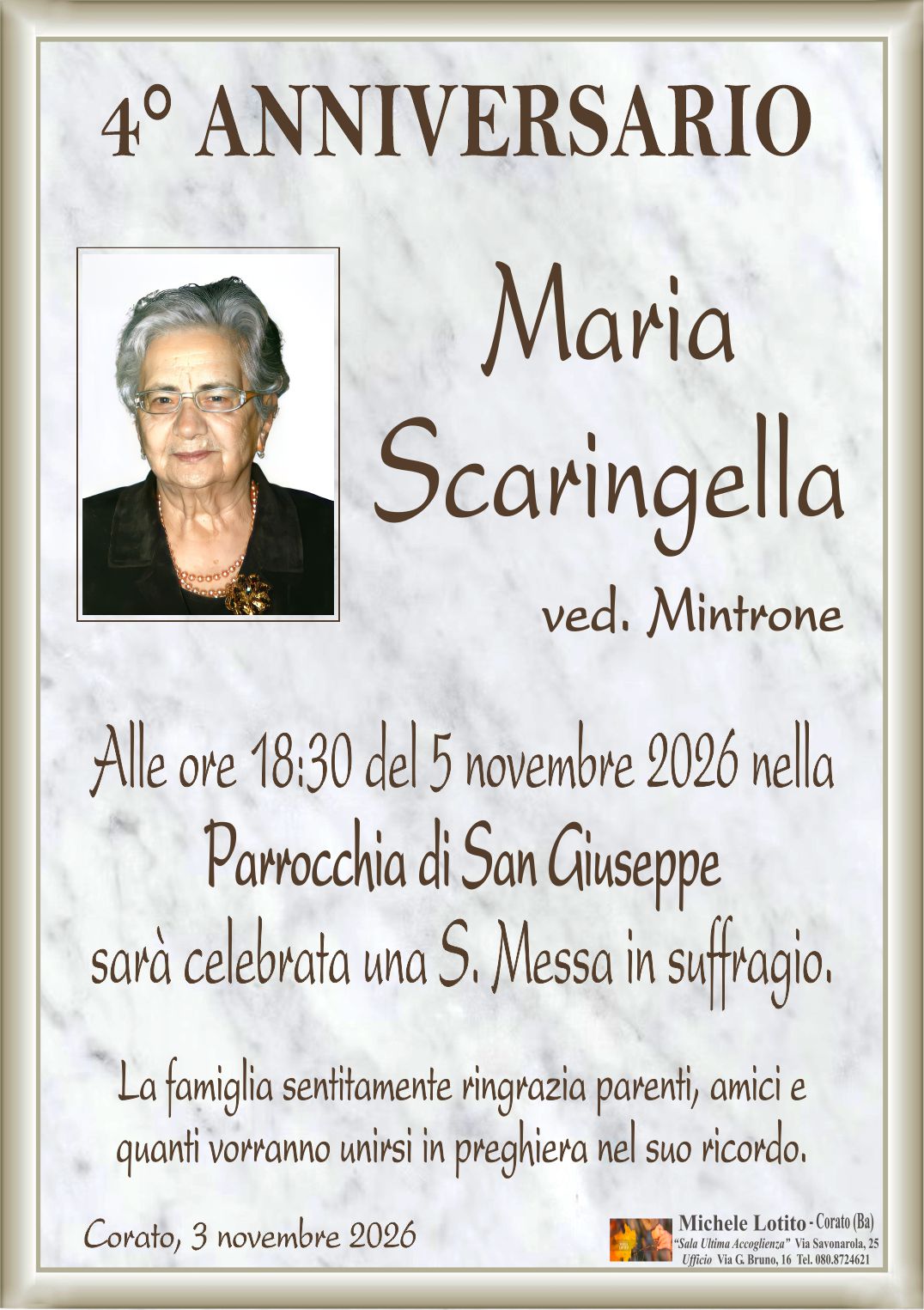 4° anniversario MARIA SCARINGELLA ved. Mintrone