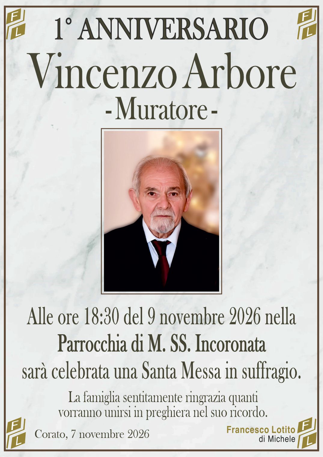 1° anniversario Vincenzo ARBORE – Muratore –