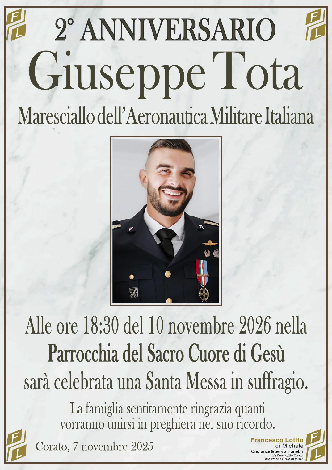 2° anniversario Giuseppe TOTA – Maresciallo dell’Aeronautica Militare Italiana –