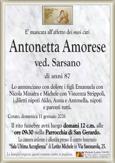 Lo annunciano con dolore i figli Emanuela con
Nicola Minafra e Michele con Vincenza Strippoli,
i diletti nipoti Aldo, Anna e Antonella, nipoti
e parenti tutti.
