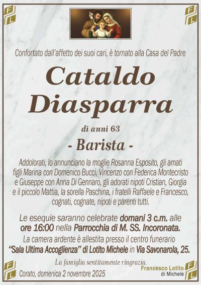 Addolorati, lo annunciano la moglie Rosanna Esposito, gli amati
figli Marina con Domenico Bucci, Vincenzo con Federica Montecristo
e Giuseppe con Anna Di Gennaro, gli adorati nipoti Cristian, Giorgia
e il piccolo Mattia, la sorella Paschina, i fratelli Raffaele e Francesco,
cognati, cognate, nipoti e parenti tutti.