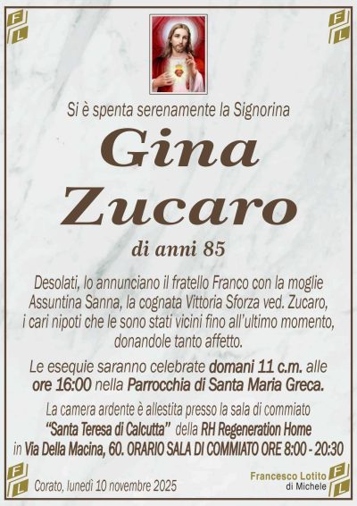 Desolati, lo annunciano il fratello Franco con la moglie
Assuntina Sanna, la cognata Vittoria Sforza ved. Zucaro,
i cari nipoti che le sono stati vicini fino all’ultimo momento,
donandole tanto affetto.