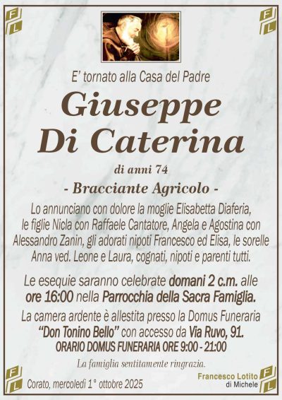Lo annunciano con dolore la moglie Elisabetta Diaferia,
le figlie Nicla con Raffaele Cantatore, Angela e Agostina con
Alessandro Zanin, gli adorati nipoti Francesco ed Elisa, le sorelle
Anna ved. Leone e Laura, cognati, nipoti e parenti tutti.