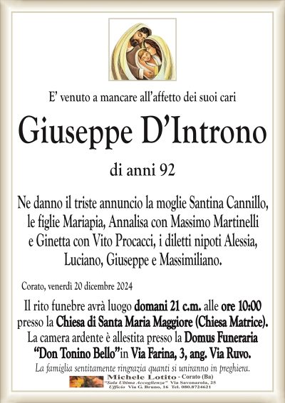 Giuseppe D’Intronodomani 21 c.m. chiesa Matrice
Camera ardente: Don Tonino Bello Via Farina, 3