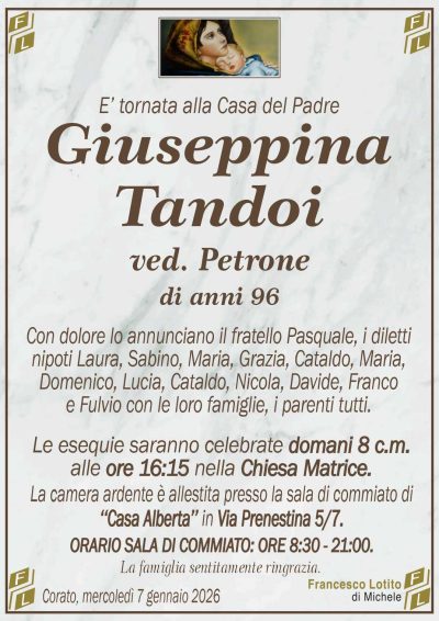 Con dolore lo annunciano il fratello Pasquale, i diletti
nipoti Laura, Sabino, Maria, Grazia, Cataldo, Maria,
Domenico, Lucia, Cataldo, Nicola, Davide, Franco
e Fulvio con le loro famiglie, i parenti tutti.