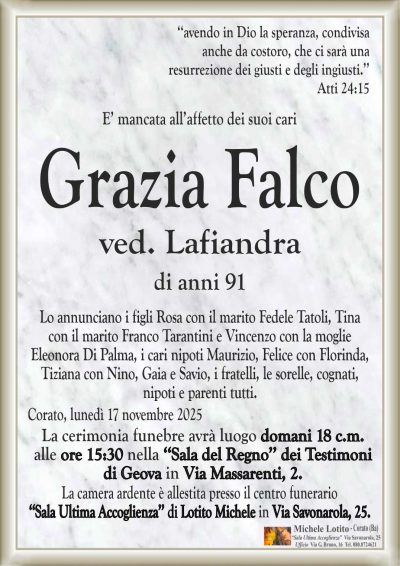 Lo annunciano i figli Rosa con il marito Fedele Tatoli, Tina
con il marito Franco Tarantini e Vincenzo con la moglie
Eleonora Di Palma, i cari nipoti Maurizio, Felice con Florinda,
Tiziana con Nino, Gaia e Savio, i fratelli, le sorelle, cognati,
nipoti e parenti tutti.