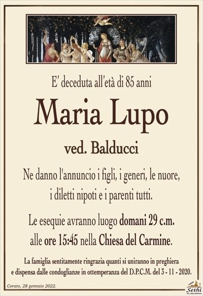 E’ deceduta all’età di 85 anni
Maria Lupo
ved. Balducci
Ne danno l’annuncio i figli, i generi, le nuore,
i diletti nipoti e i parenti tutti. 
Le esequie avranno luogo domani 29 c.m.
alle ore 15:45 nella Chiesa del Carmine.
La famiglia sentitamente ringrazia quanti si uniranno in preghierae dispensa dalle condoglianze in ottemperanza del D.P.C.M. del 3 – 11 – 2020.