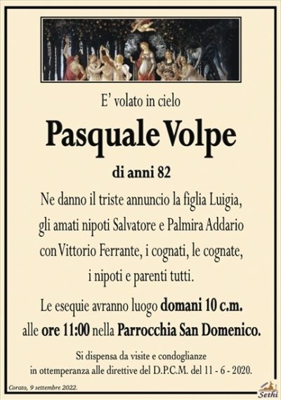 E’ volato in cielo
Pasquale Volpe
di anni 82
Ne danno il triste annuncio la figlia Luigia,
gli amati nipoti Salvatore e Palmira Addario
con Vittorio Ferrante, i cognati, le cognate,
i nipoti e parenti tutti.
Le esequie avranno luogo domani 10 c.m.
alle ore 11:00 nella Parrocchia San Domenico.
Si dispensa da visite e condoglianze
in ottemperanza alle direttive del D.P.C.M. del 11 – 6 – 2020.