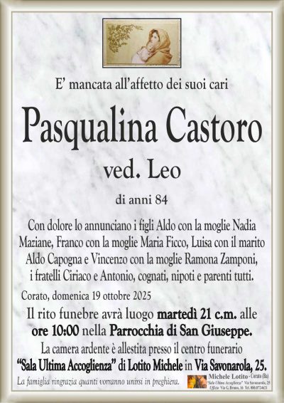 Con dolore lo annunciano i figli Aldo con la moglie Nadia
Maziane, Franco con la moglie Maria Ficco, Luisa con il marito
Aldo Capogna e Vincenzo con la moglie Ramona Zamponi,
i fratelli Ciriaco e Antonio, cognati, nipoti e parenti tutti.