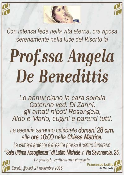 Lo annunciano la cara sorella
Caterina ved. Di Zanni,
gli amati nipoti Rosangela,
Aldo e Mario, cugini e parenti tutti.