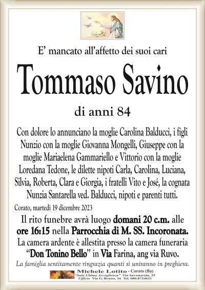 E’ mancato all’affetto dei suoi cariTommaso Savino
di anni 84
Con dolore lo annunciano la moglie Carolina Balducci, i figli
Nunzio con la moglie Giovanna Mongelli, Giuseppe con la
moglie Mariaelena Gammariello e Vittorio con la moglie
Loredana Tedone, le dilette nipoti Carla, Carolina, Luciana,
Silvia, Roberta, Clara e Giorgia, i fratelli Vito e José, la cognata
Nunzia Santarella ved. Balducci, nipoti e parenti tutti.
Corato, martedì 19 dicembre 2023
Il rito funebre avrà luogo domani 20 c.m. alle
ore 16:15 nella Parrocchia di M. SS. Incoronata.
La camera ardente è allestita presso la camera funeraria
‘‘Don Tonino Bello’’ in Via Farina, ang via Ruvo.
La famiglia sentitamente ringrazia quanti si uniranno in preghiera.